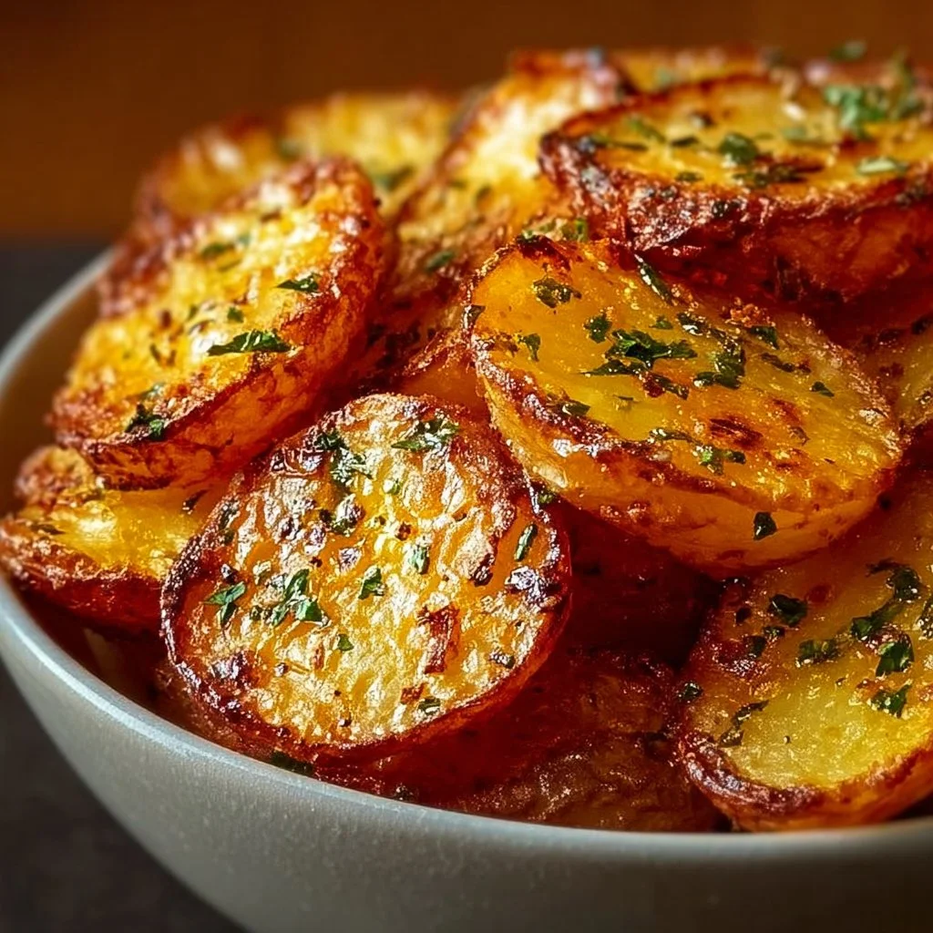 Crispy sliced potatoes cooked in the oven, golden brown and crunchy.