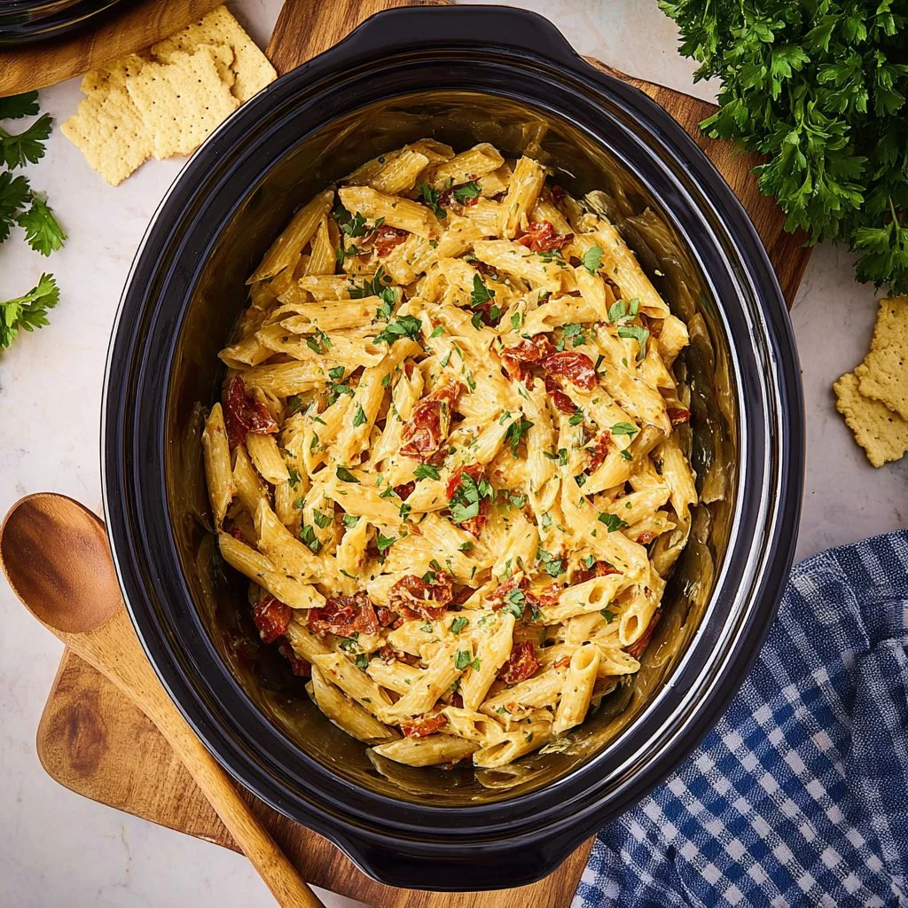 Crockpot Marry Me Chicken Pasta recipe with creamy sauce and herbs