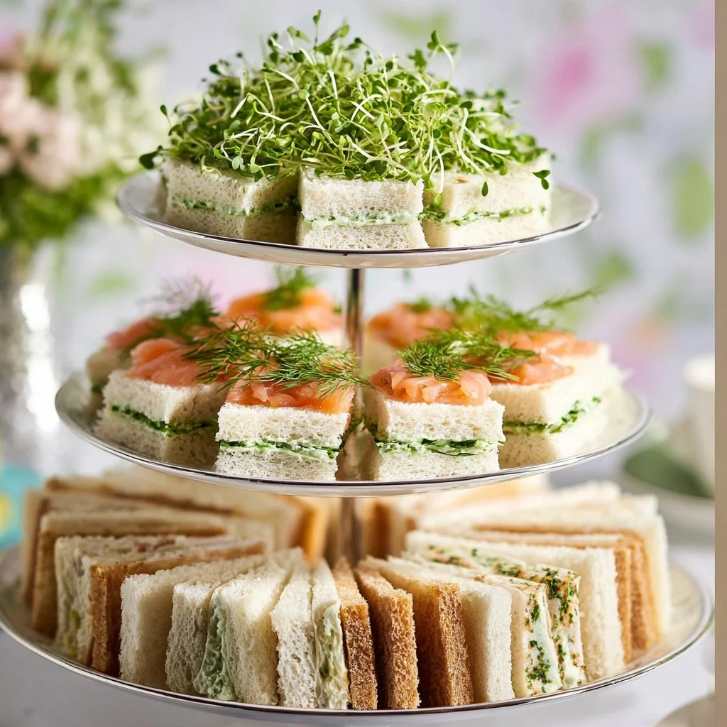 Cucumber and herb cream cheese sandwiches on a platter, perfect for tea time