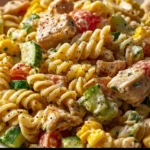 Colorful barbecue chicken pasta salad served in a bowl for summer gatherings