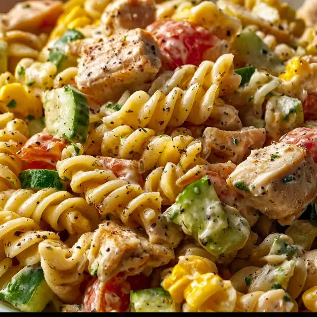 Colorful barbecue chicken pasta salad served in a bowl for summer gatherings