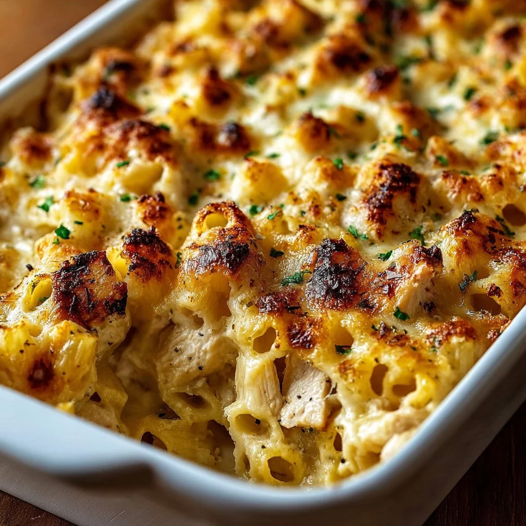 High Protein Chicken Alfredo Bake ready for meal prep and serving