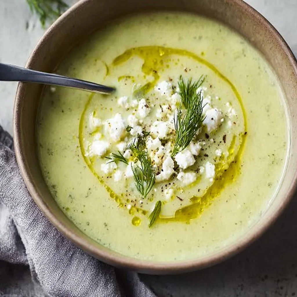 Bowl of creamy roasted zucchini soup topped with feta cheese and herbs
