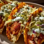 Dill Pickle Ranch Smash Chicken Tacos garnished and ready to serve