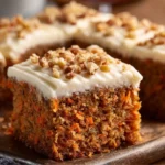 Slice of homemade carrot cake with cream cheese frosting on a plate