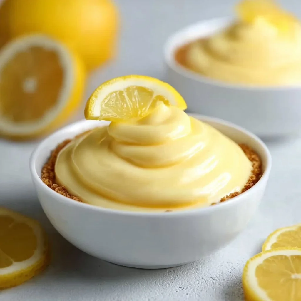 Delicious no bake lemon mousse in a dessert glass with lemon slices