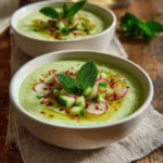Bowl of Fresh Cucumber Avocado Gazpacho garnished with herbs