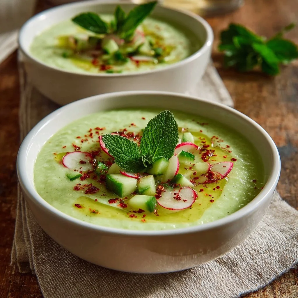 Bowl of Fresh Cucumber Avocado Gazpacho garnished with herbs