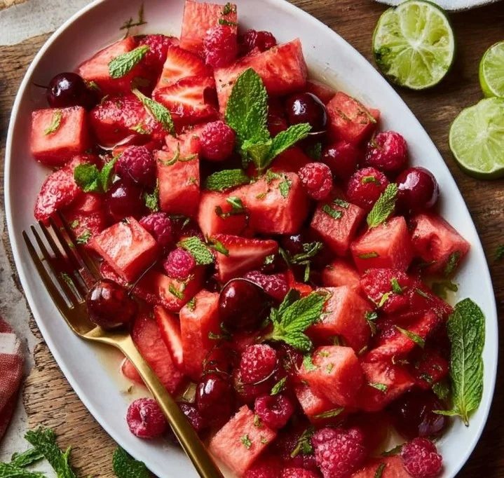 Colorful and fresh fruit salad in a bowl with various fruits