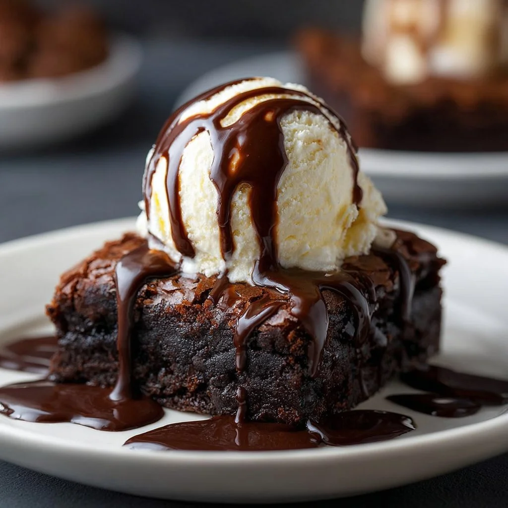 Fudgy chocolate brownies on a plate, rich and decadent dessert.
