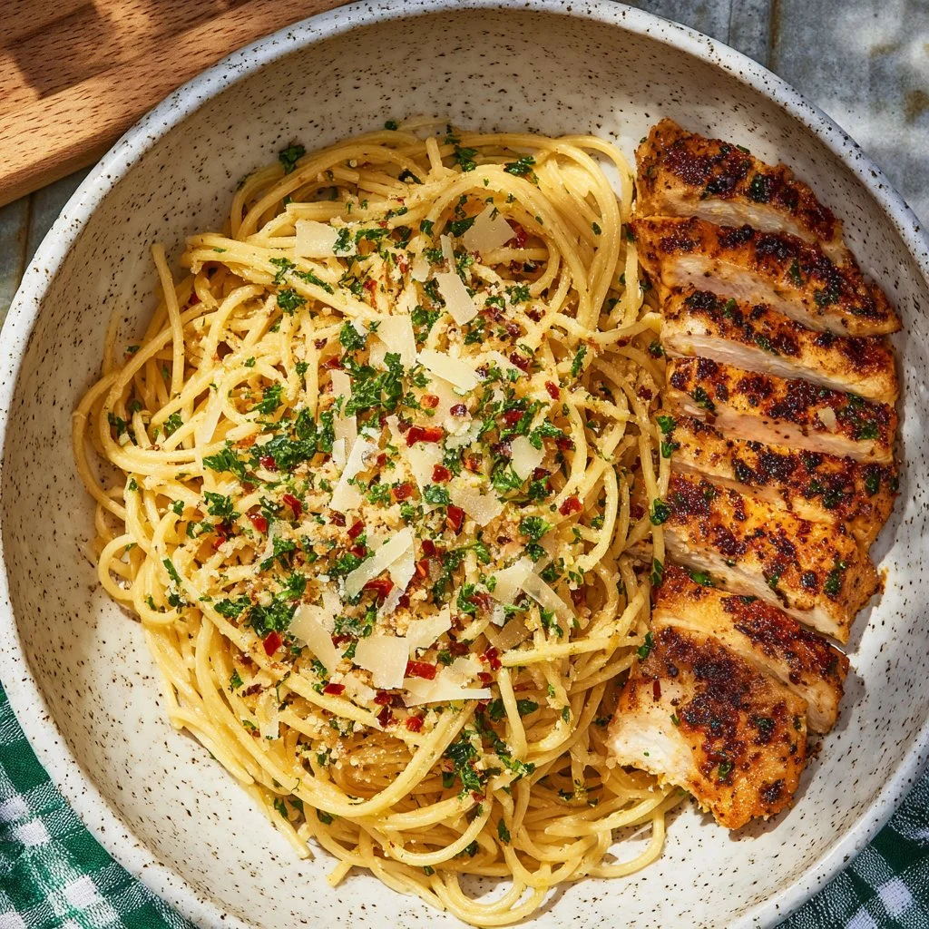 Delicious Garlic Butter Chicken Pasta served with fresh herbs and garlic.