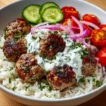 A delicious Greek Meatball Bowl with meatballs, fresh vegetables, and tzatziki sauce.