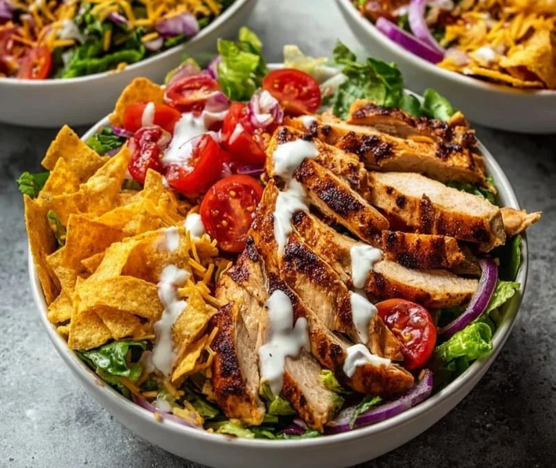 High protein chicken taco salad bowl with fresh ingredients and toppings