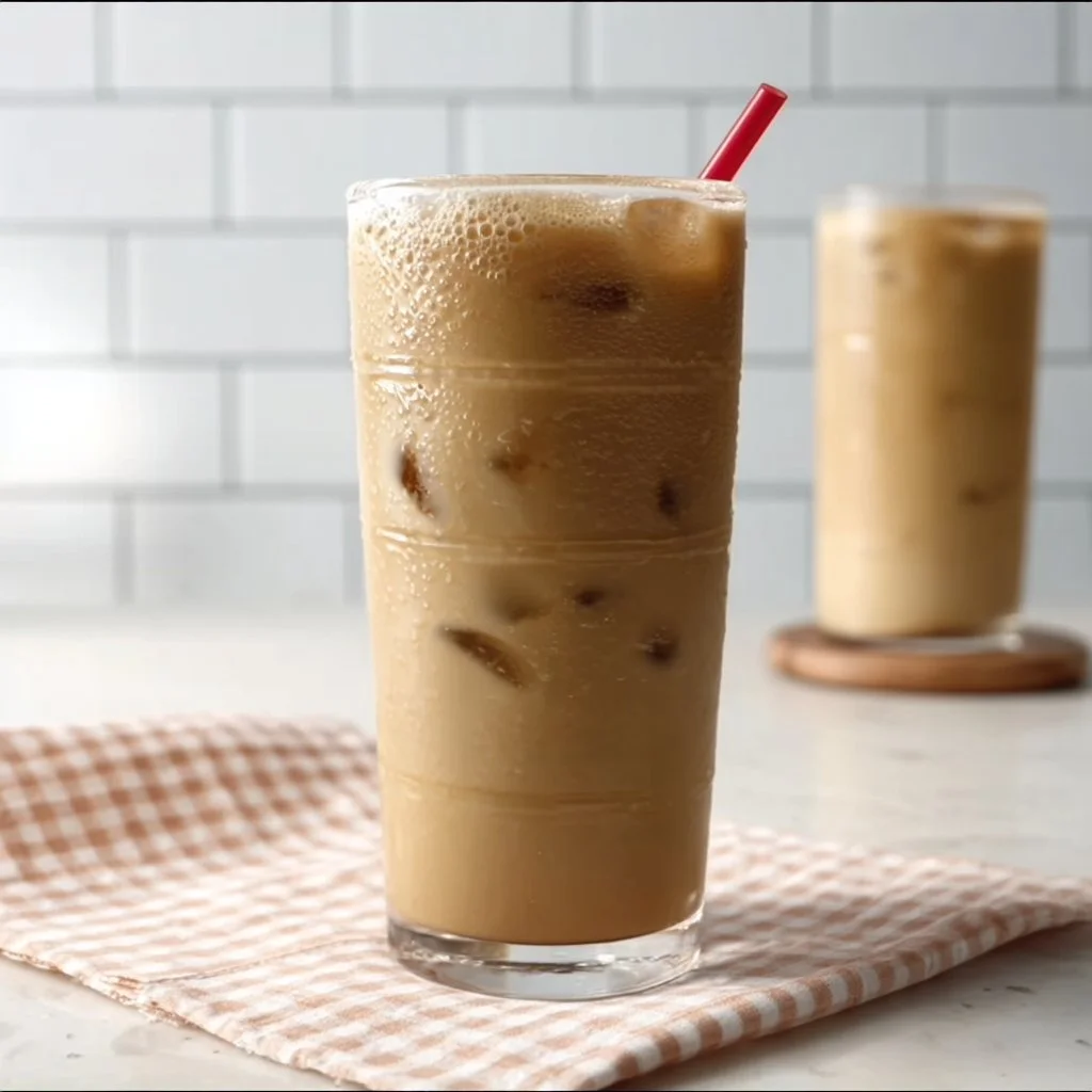 A refreshing glass of high protein iced coffee topped with whipped cream