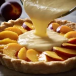 Homemade peach custard pie with fresh peaches and creamy custard filling