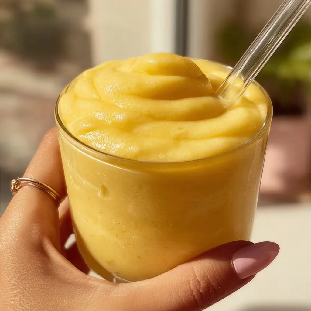 A refreshing homemade pineapple smoothie served in a glass with pineapple slices.