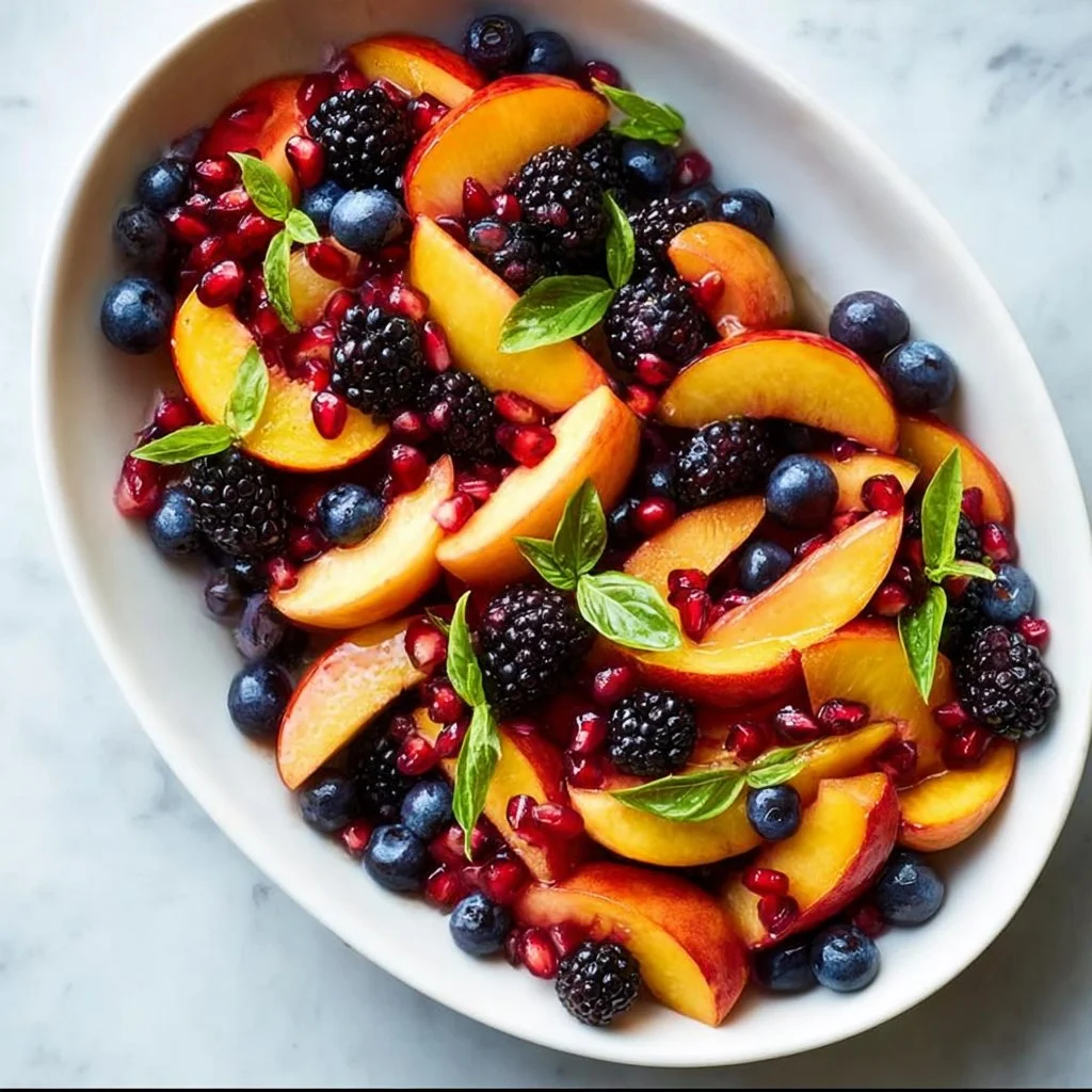 Honey Lime Basil Peach Fruit Salad with fresh peaches and herbs