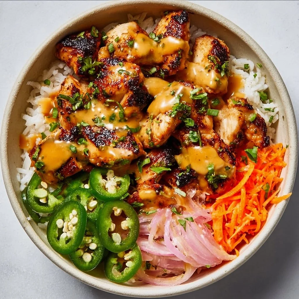 Delicious hot honey chicken bowl with crispy chicken and spicy honey drizzle
