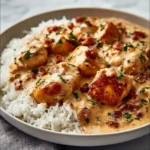 Delicious smothered chicken served with flavorful rice
