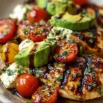 Juicy grilled avocado chicken served with fresh garnishes on a plate.
