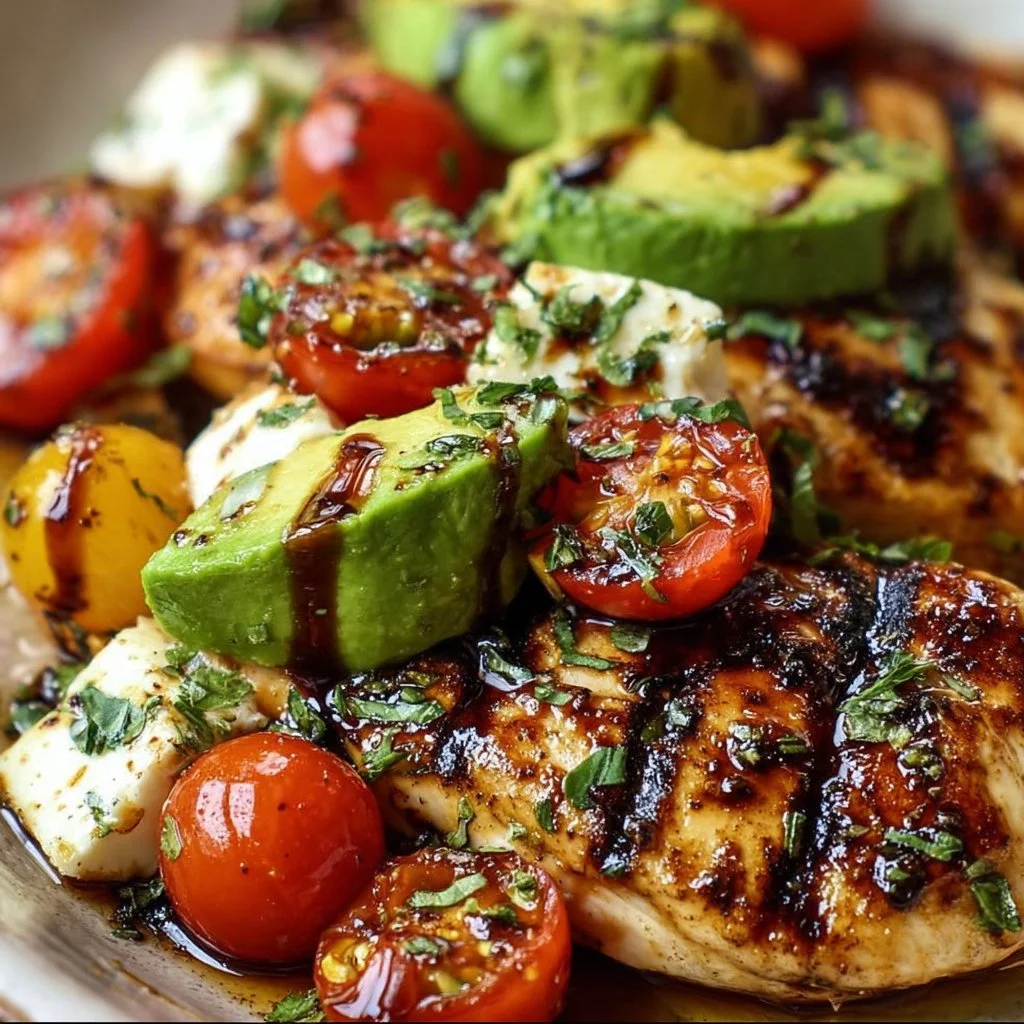 Juicy grilled avocado chicken served with fresh garnishes on a plate.
