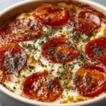 Low carb cottage cheese pizza bowl topped with fresh vegetables and herbs.