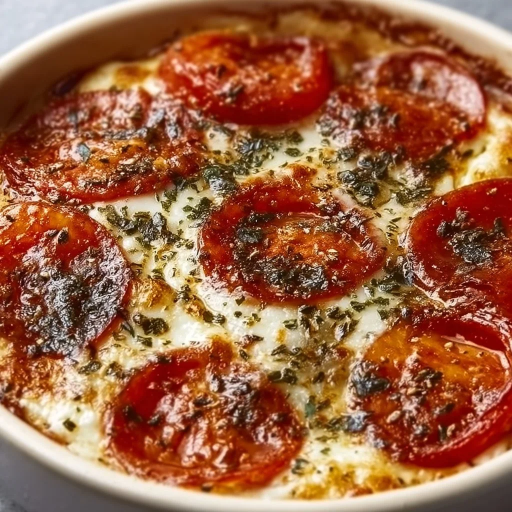 Low carb cottage cheese pizza bowl topped with fresh vegetables and herbs.