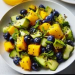 Delicious Mango Cucumber Salad with Blueberries and Avocado served in a bowl