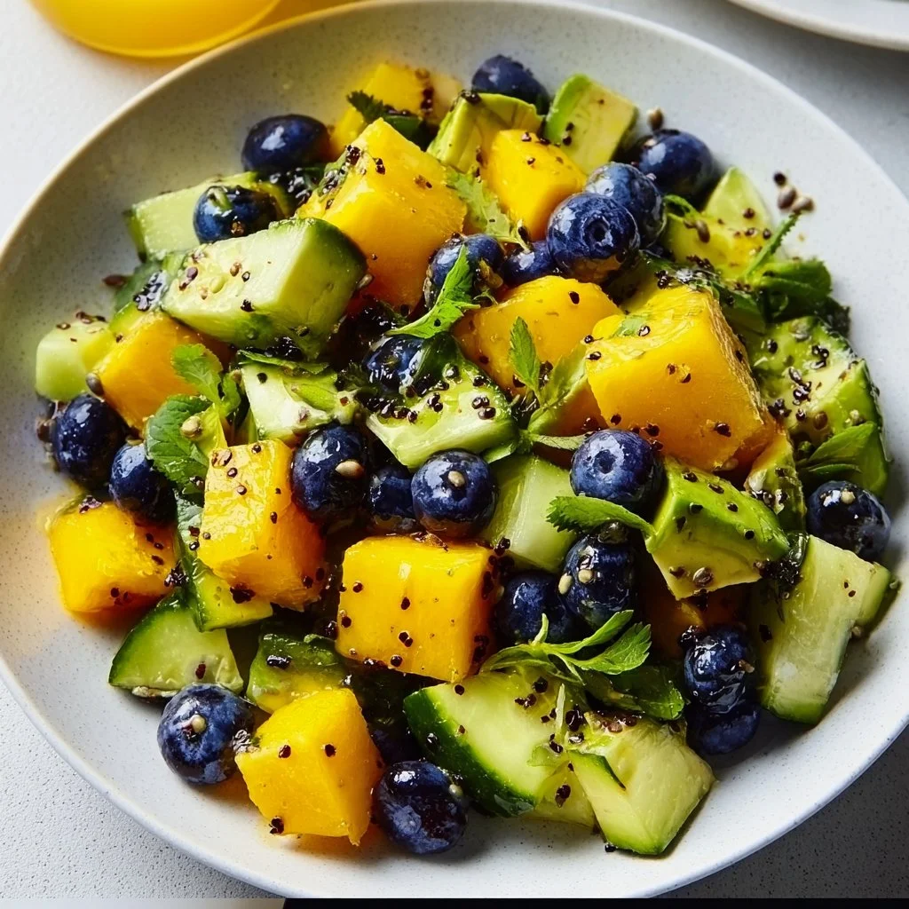 Delicious Mango Cucumber Salad with Blueberries and Avocado served in a bowl