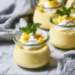Delicious homemade mango mousse served in a glass with fresh mango slices on top.