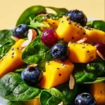 Colorful mango salad with fresh ingredients and herbs