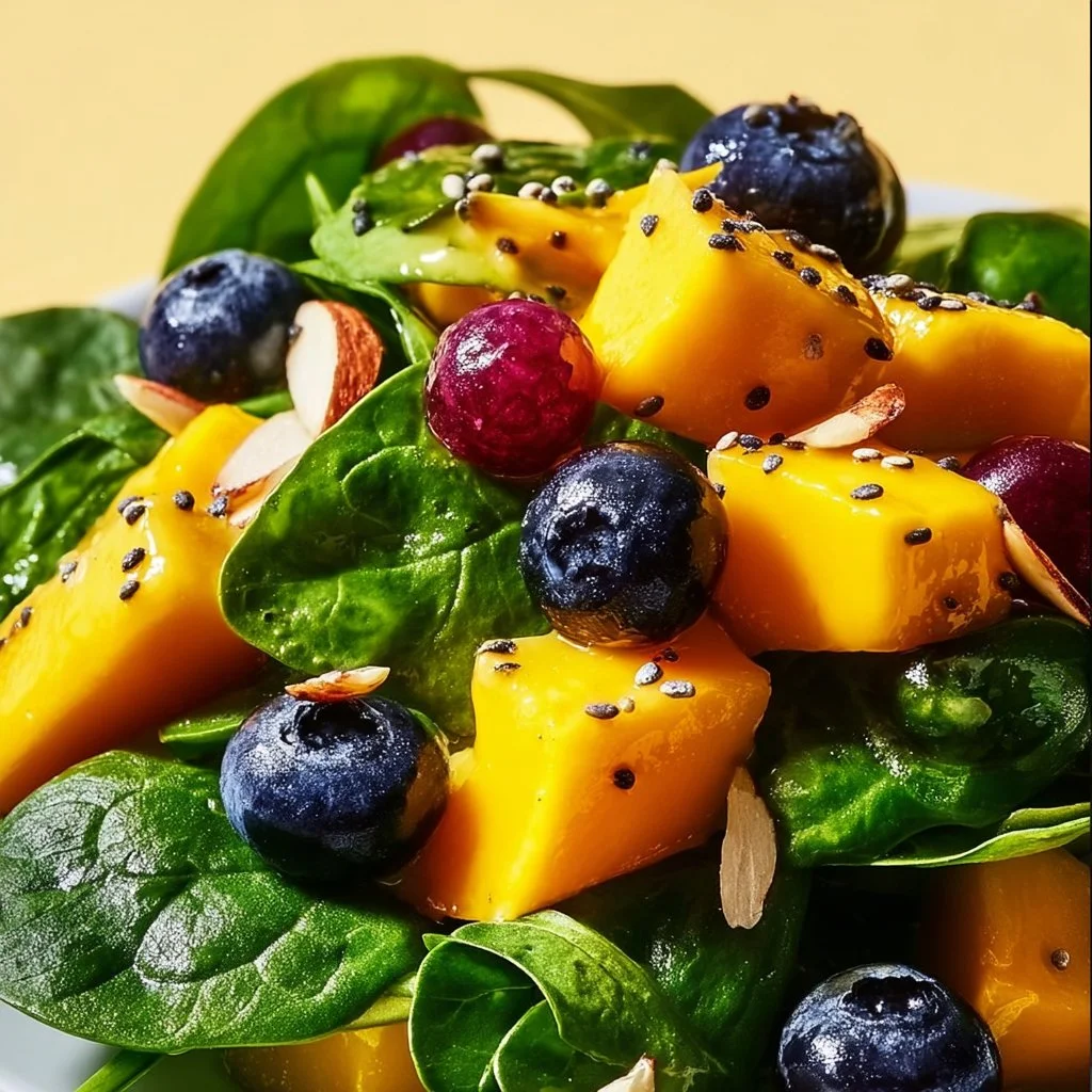 Colorful mango salad with fresh ingredients and herbs