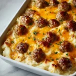Delicious Meatball and Mashed Potato Bake served in a casserole dish