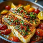 Mediterranean baked fish garnished with herbs and lemon slices