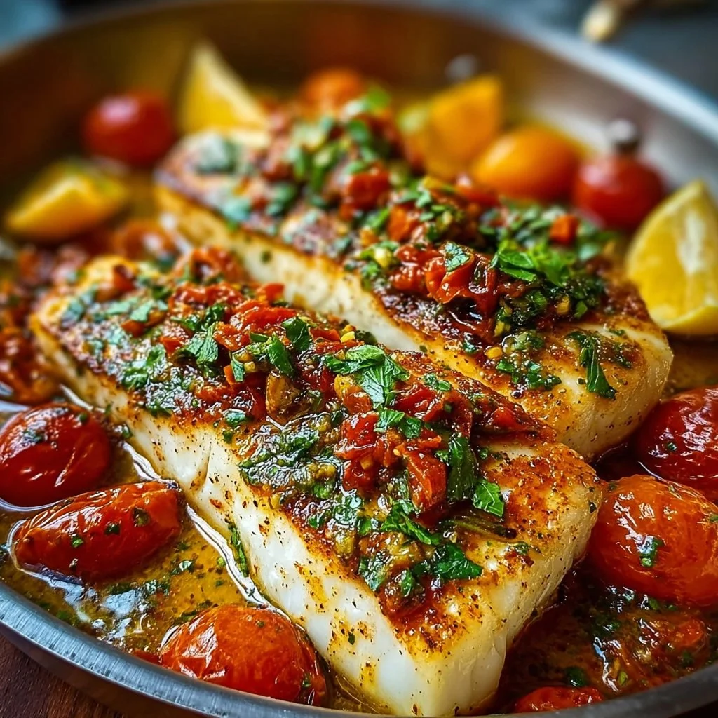 Mediterranean baked fish garnished with herbs and lemon slices