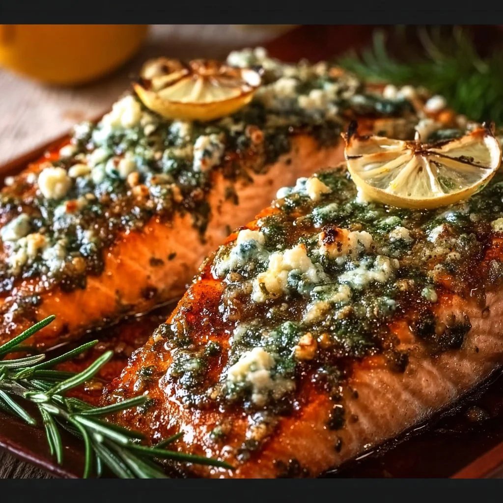 Mediterranean Baked Salmon topped with feta cheese and sun-dried tomatoes