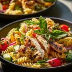 Delicious Mediterranean Chicken Pasta Salad with colorful veggies and dressing.