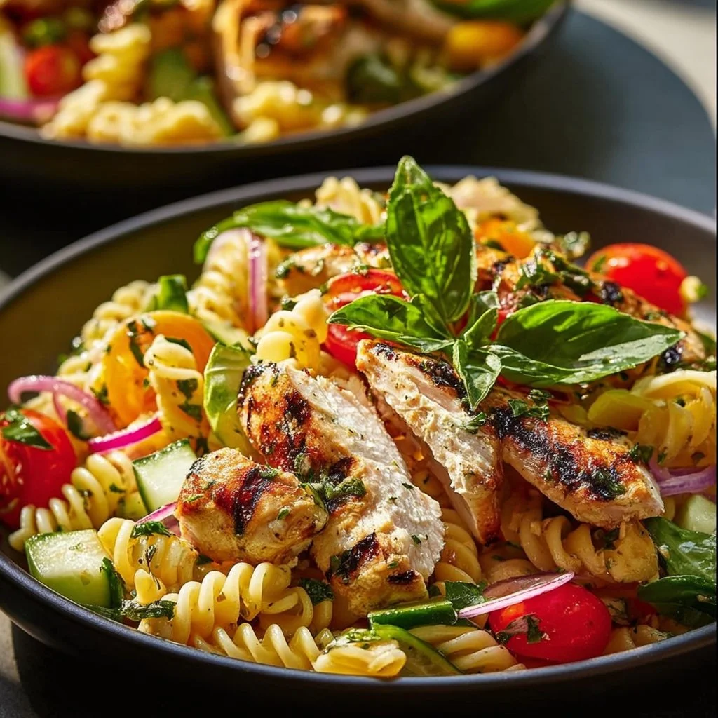 Delicious Mediterranean Chicken Pasta Salad with colorful veggies and dressing.