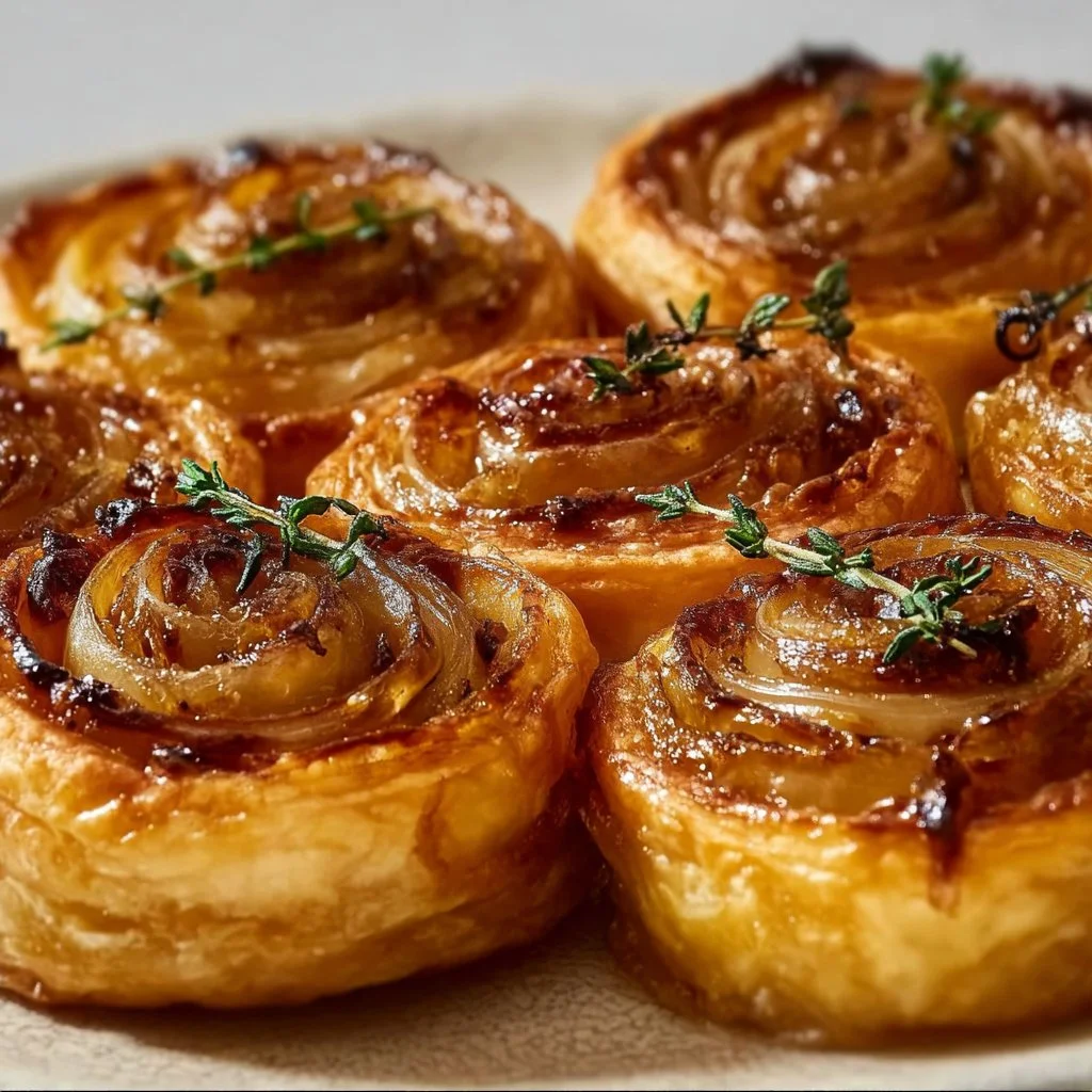 Melt-in-your-mouth caramelized onion and thyme pinwheels on a serving platter