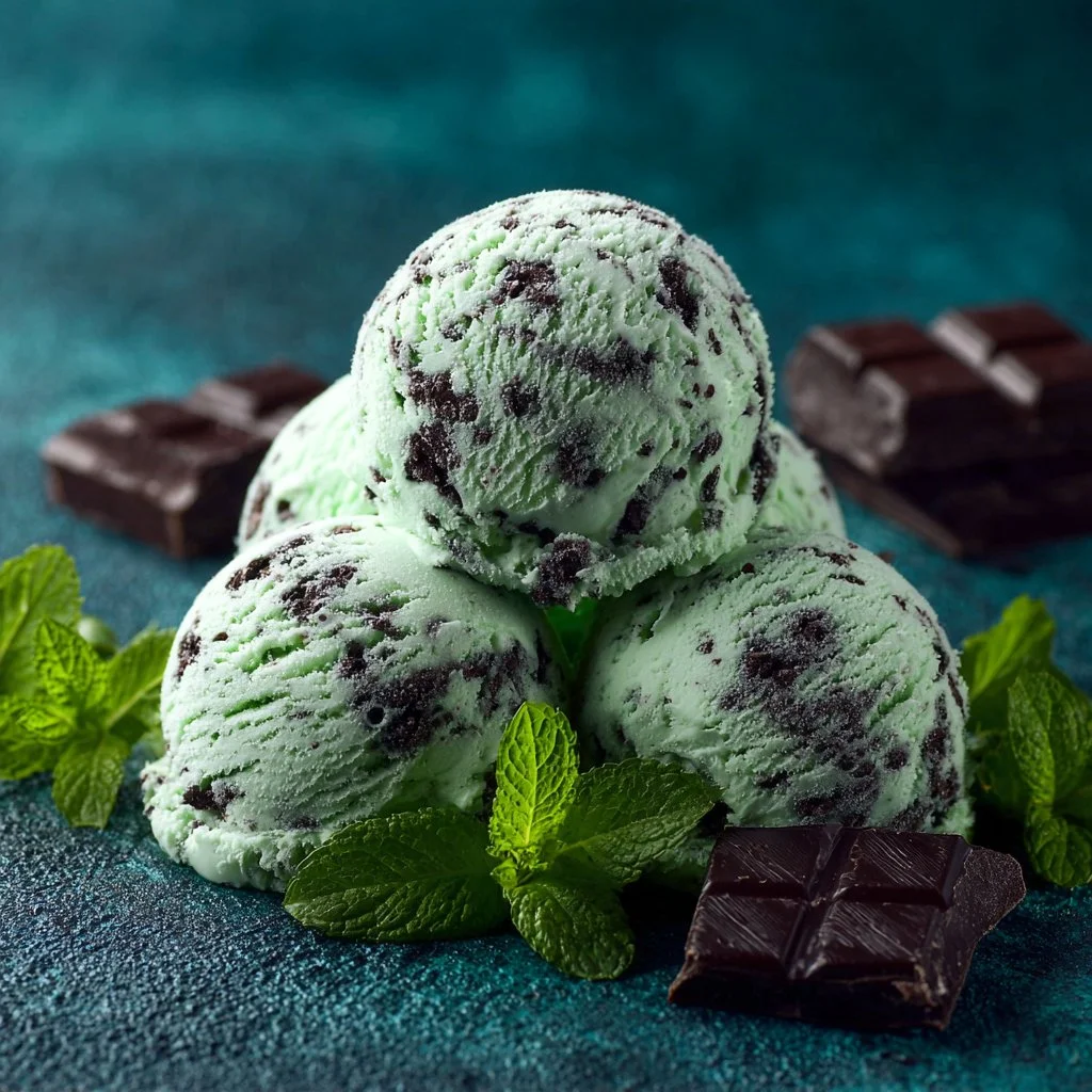 Bowl of mint chocolate chip ice cream topped with chocolate chips and mint leaves