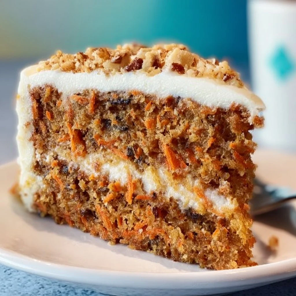 Deliciously moist carrot cake with cream cheese frosting and walnuts