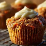 Moist carrot cake muffins with cream cheese topping on a white plate