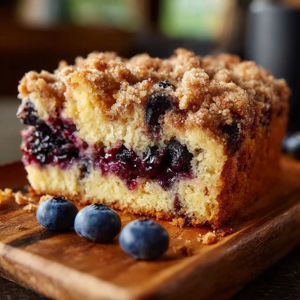 Delicious blueberry buckle with a lemon crumb topping freshly baked