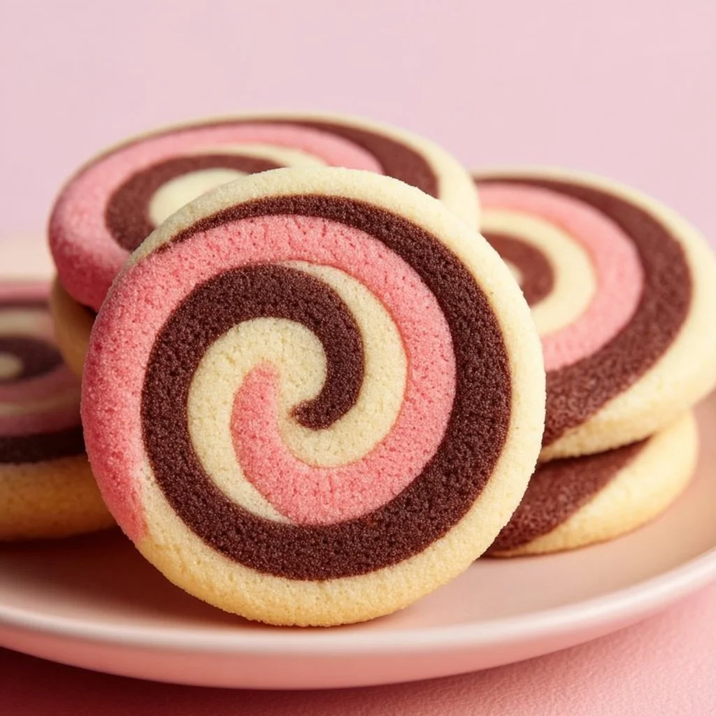 Freshly baked Neapolitan Swirl Cookies with chocolate, vanilla, and strawberry layers