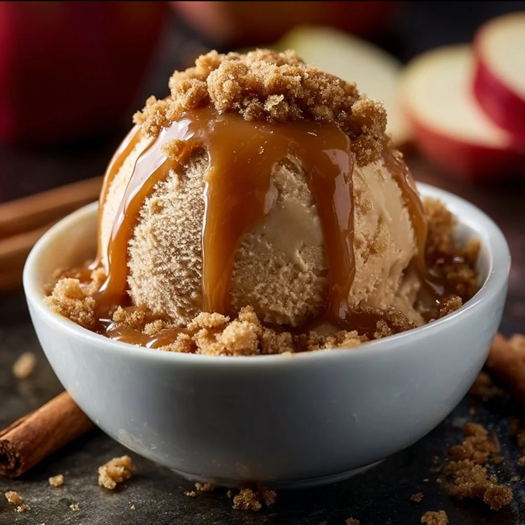 Ninja Creami caramel apple crisp sorbet topped with apple slices and caramel drizzle