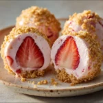 No-bake strawberry cheesecake bites served on a platter with fresh strawberries