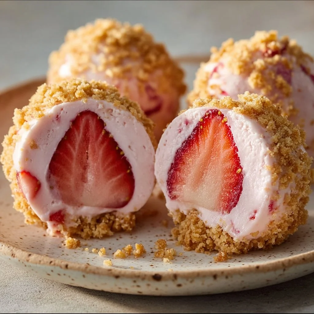 No-bake strawberry cheesecake bites served on a platter with fresh strawberries