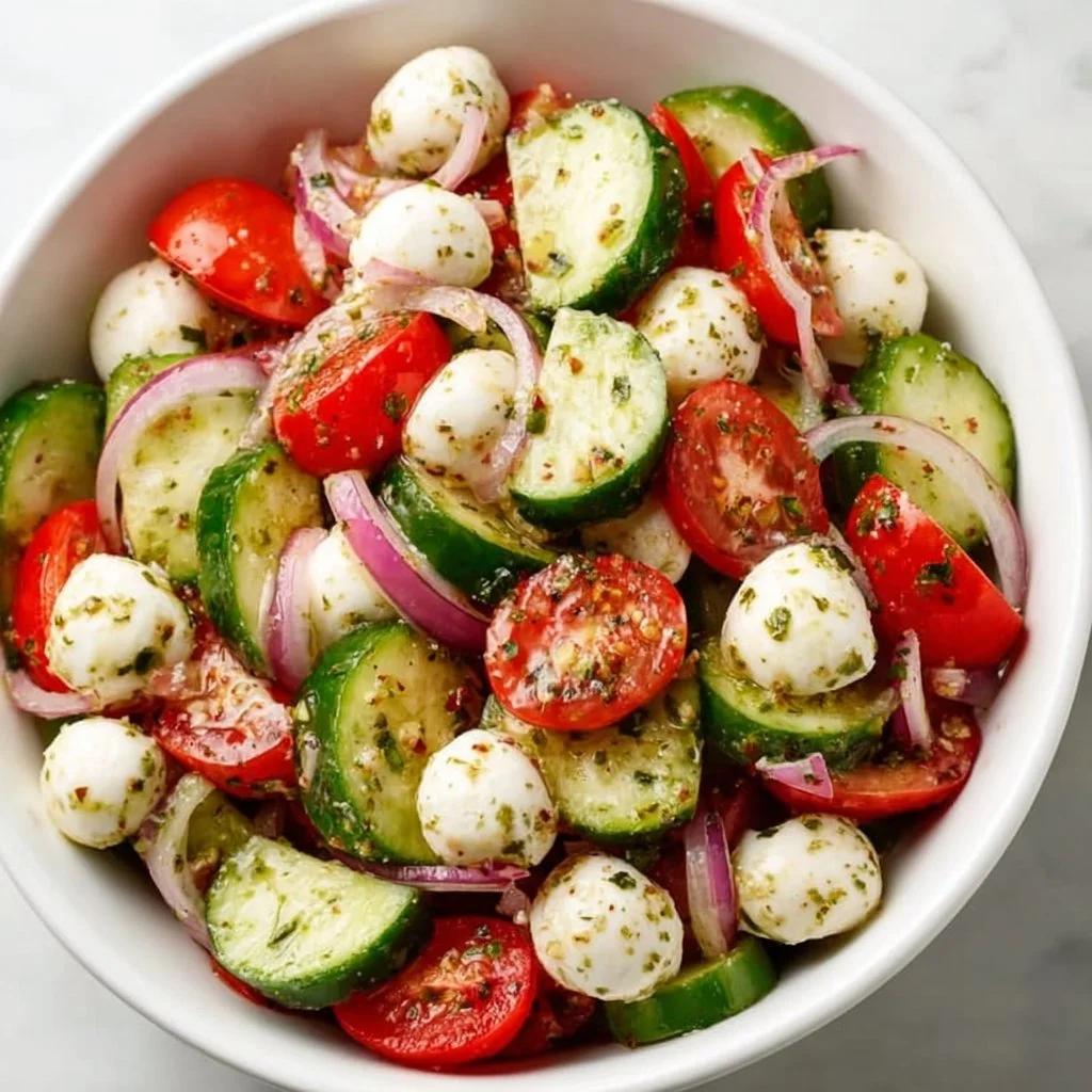 No-Cook Cucumber Caprese Salad with fresh tomatoes and basil