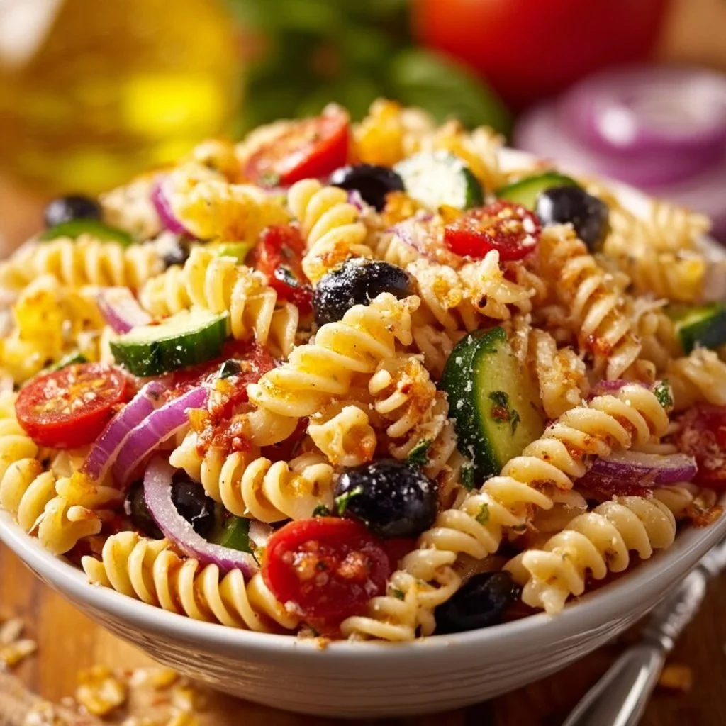 Delicious Olive Garden style pasta salad with fresh vegetables and dressing