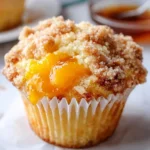 Peach Cobbler Muffins topped with crumbly streusel and fresh peach slices